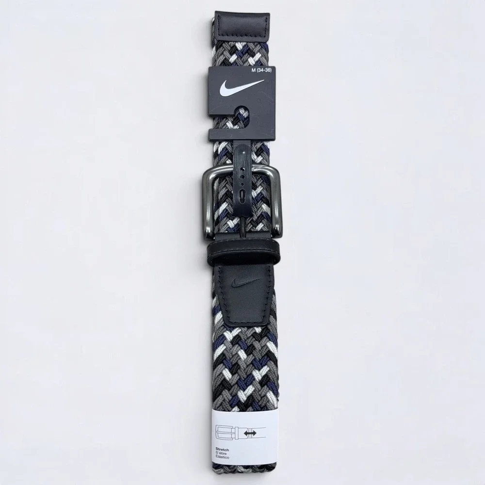 Nike Belt Mens Medium 34-36 Grey Navy White Braided Stretch Woven Golf NWT1